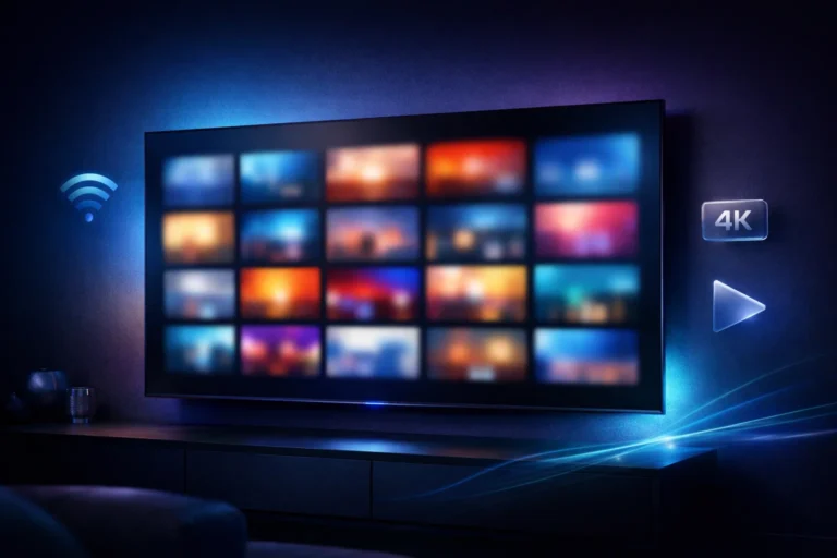 Salon moderne avec Smart TV affichant une interface 4K et un guide TV, illustrant un abonnement IPTV France 2026 fiable