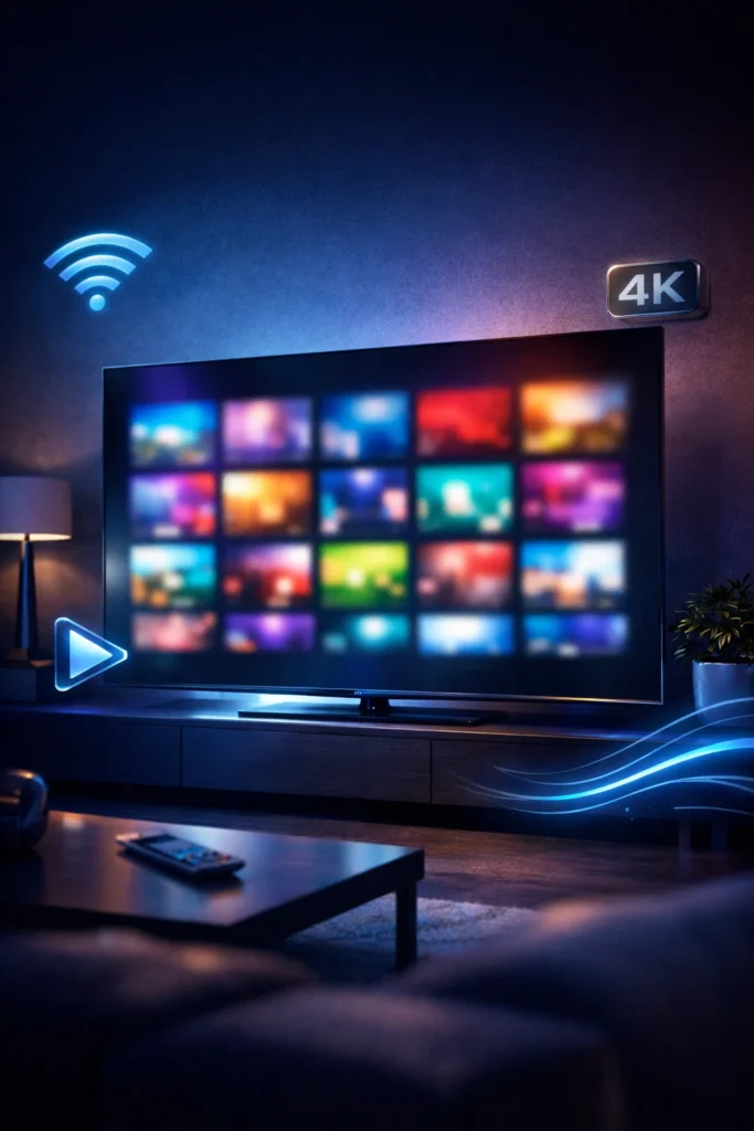 Utilisateur testant un service sur Smart TV avec interface live et VOD pendant un test IPTV gratuit 24h