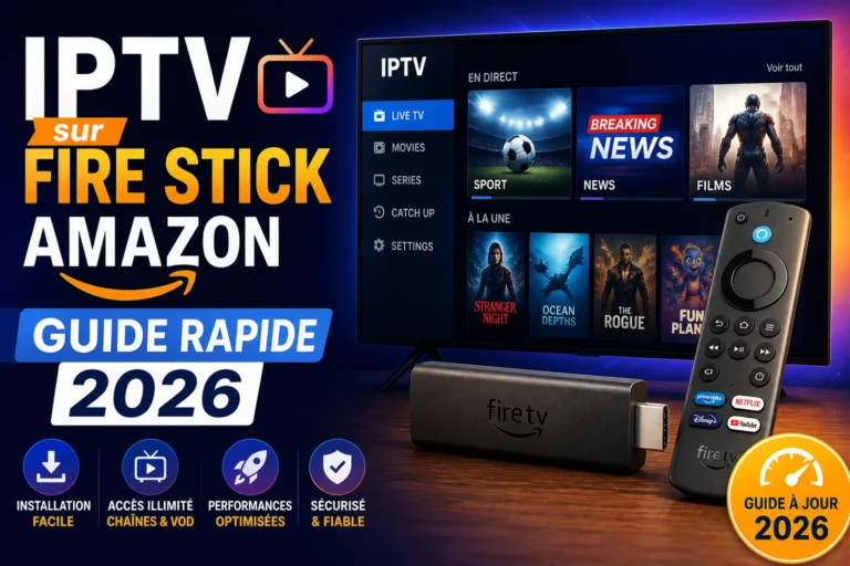 Installation IPTV sur Fire Stick Amazon avec interface application IPTV affichée sur écran TV