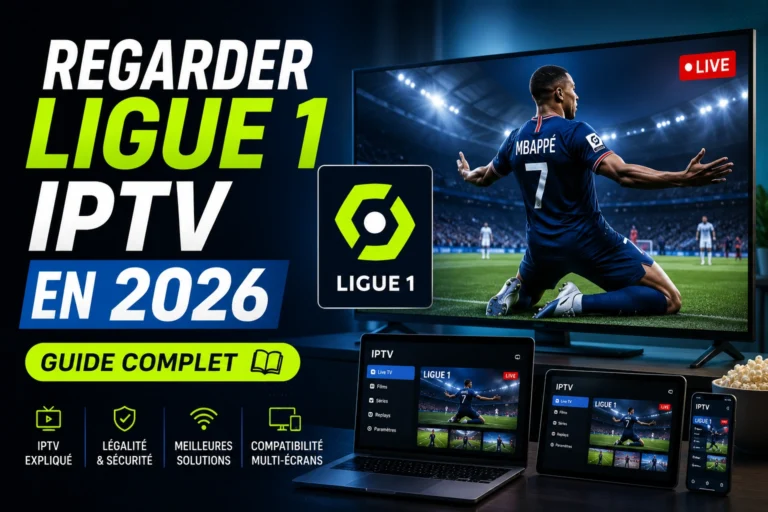 Supporter regardant un match de football français en 4K sur Smart TV avec regarder Ligue 1 IPTV