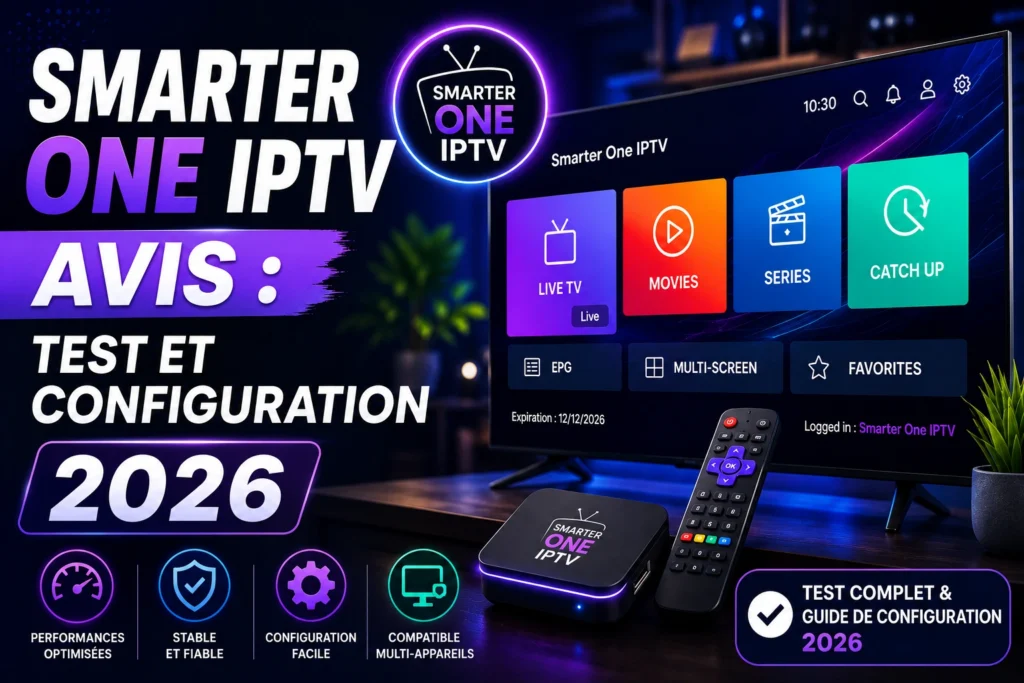 Interface moderne de Smarter One IPTV sur Smart TV avec chaînes 4K et menu VOD – Smarter One IPTV avis